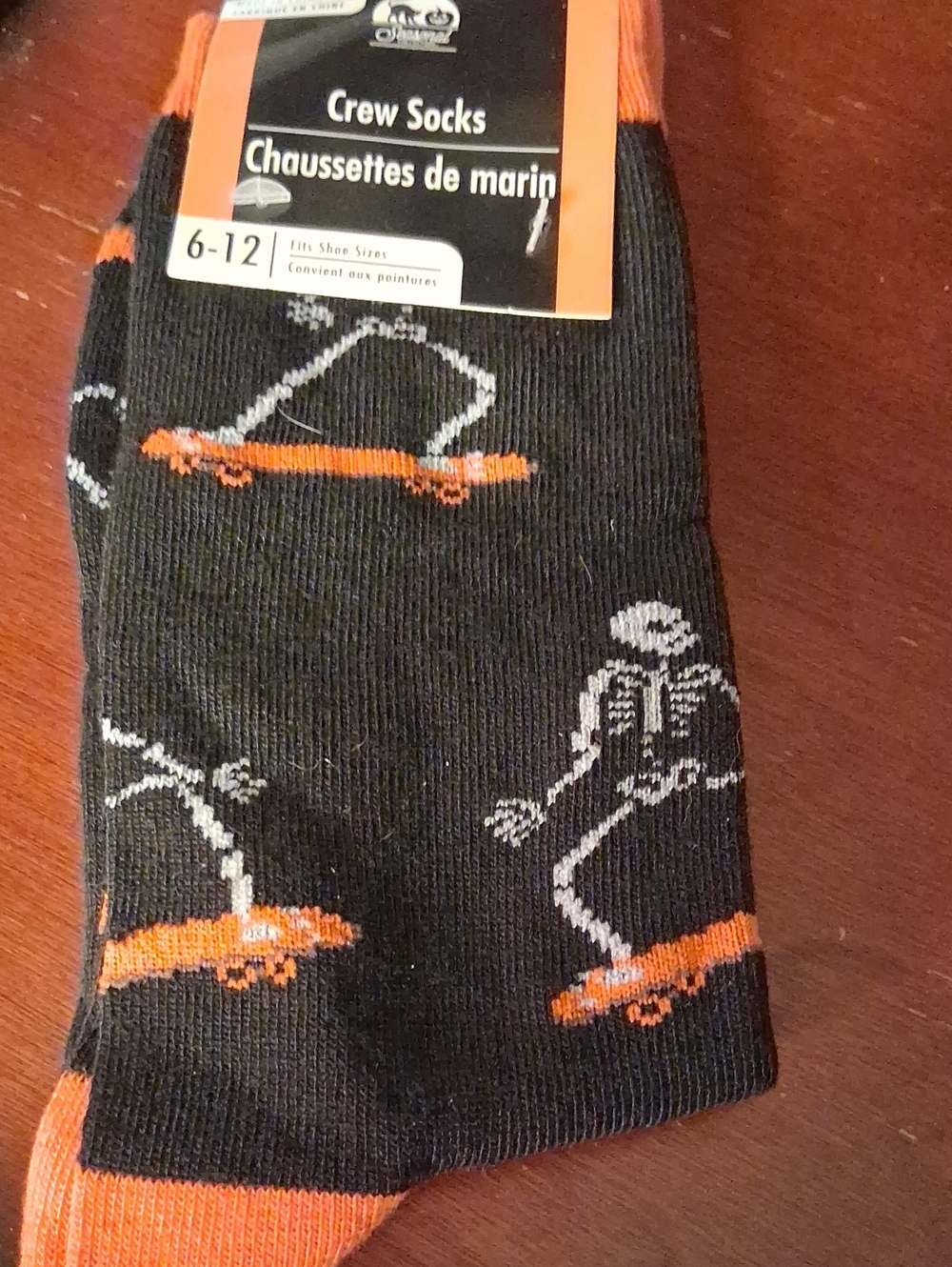 Crew Socks - Black & Orange Skate Pattern Halloween Skeltons